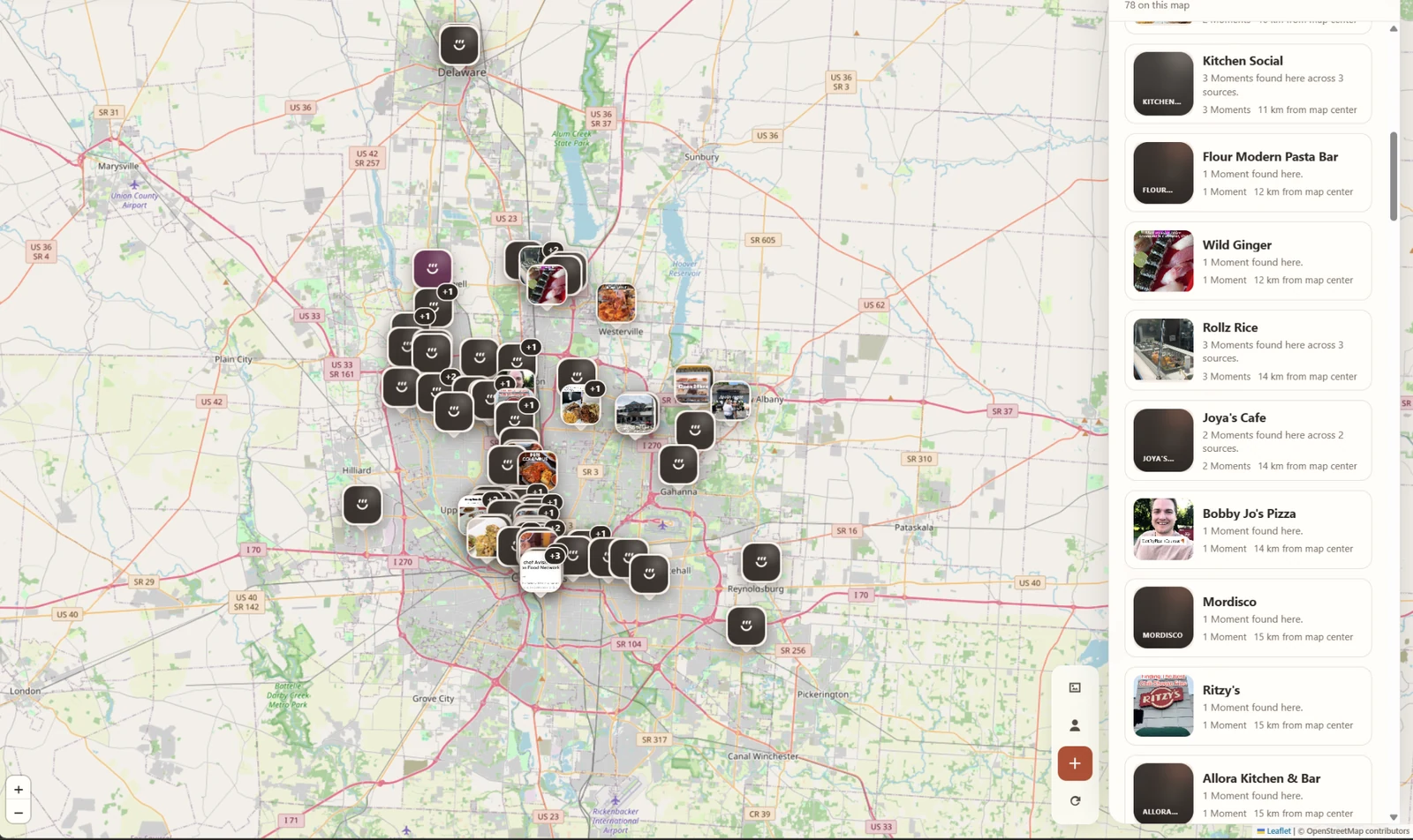 Columbus-area map with restaurant markers and a list connecting restaurants to their Moments.