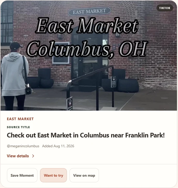 East Market Moment in Explore, with a recommendation attributed to meganincolumbus.