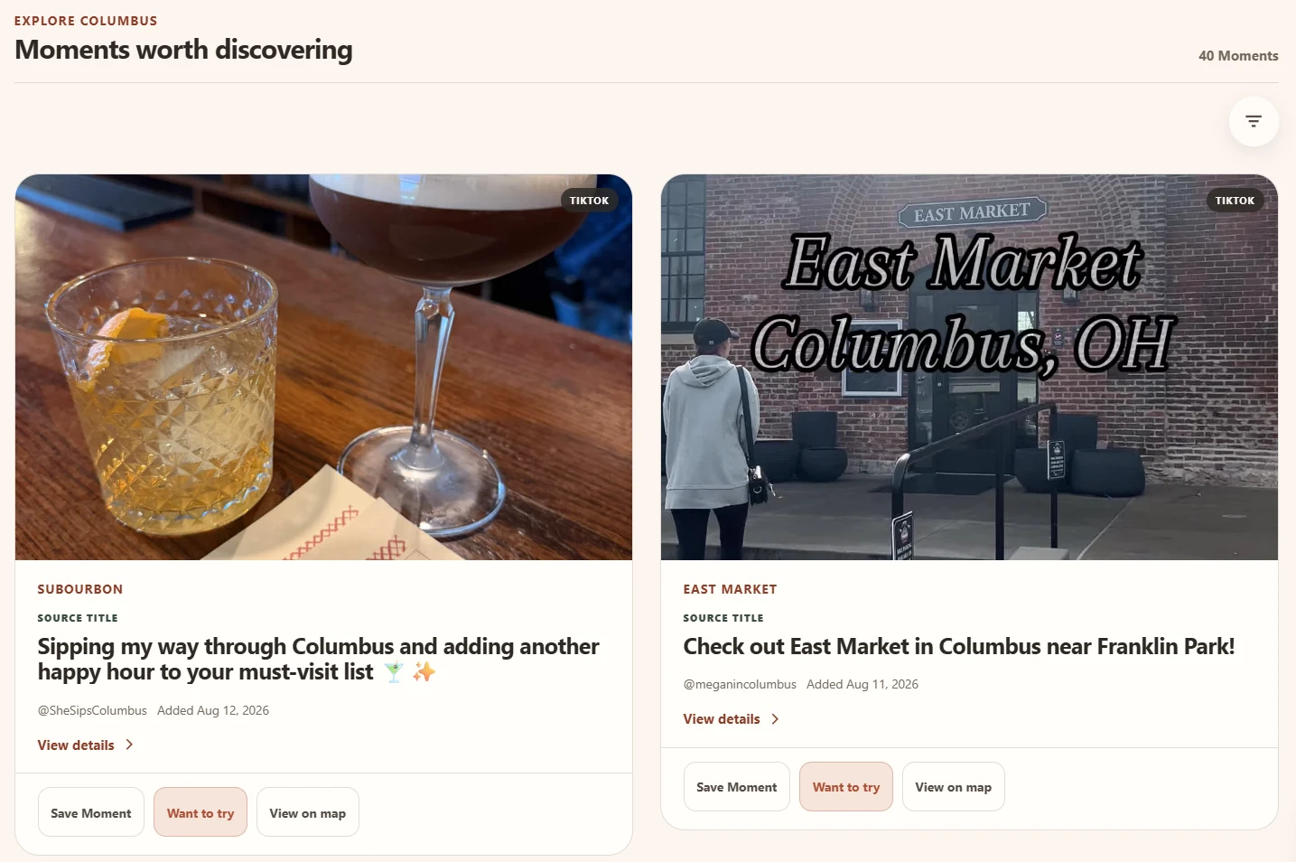 Explore feed with source-backed Columbus recommendations for Subourbon and East Market.