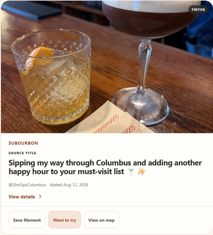 Subourbon Moment in Explore, with a recommendation attributed to SheSipsColumbus.