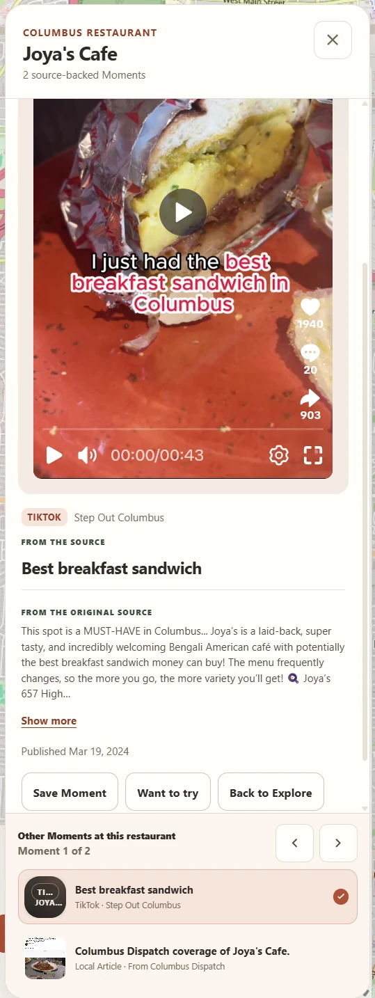 Joya’s Cafe detail panel showing a breakfast sandwich recommendation by Step Out Columbus and a second Moment from the Columbus Dispatch.